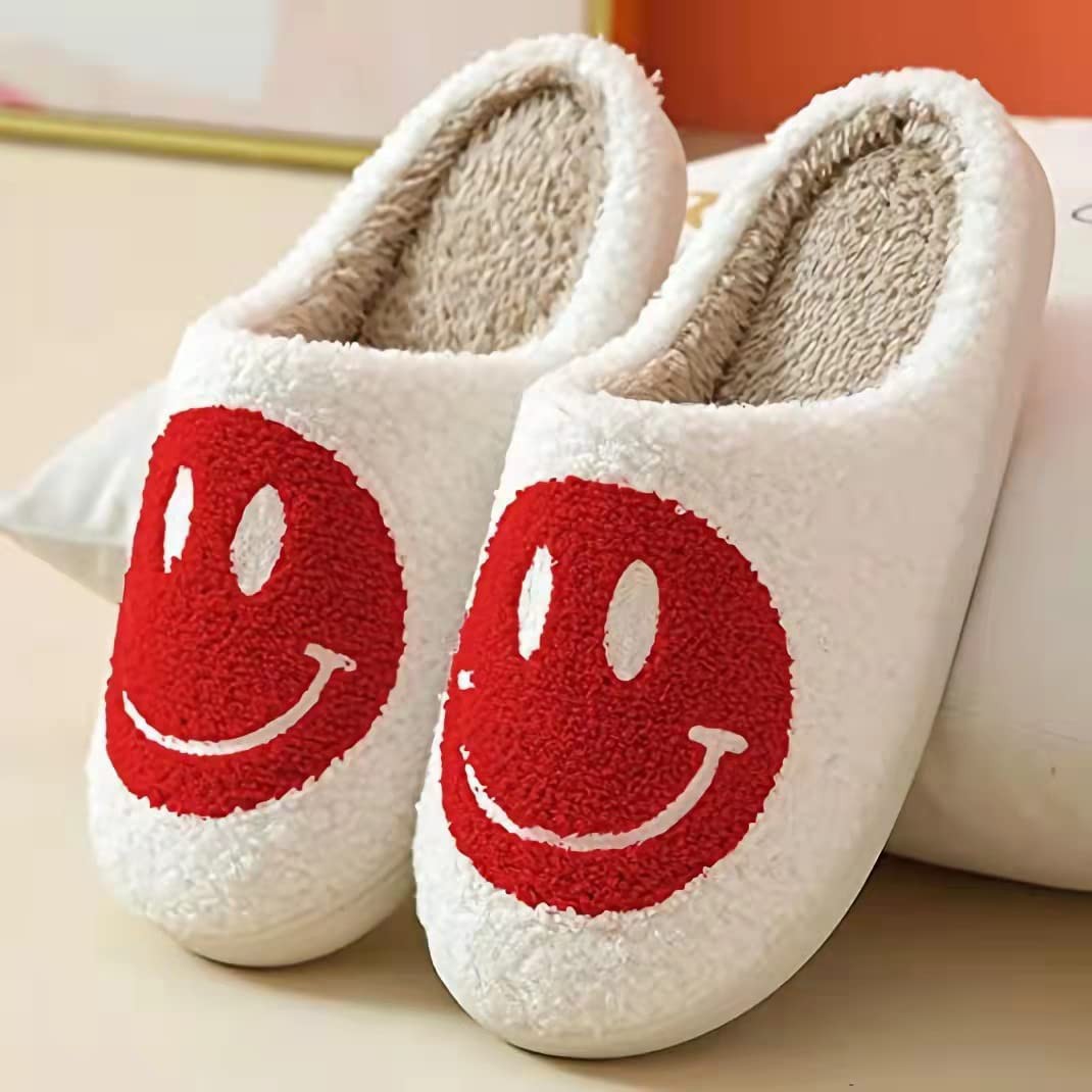 Smile Fluffy Slippers | White/Red