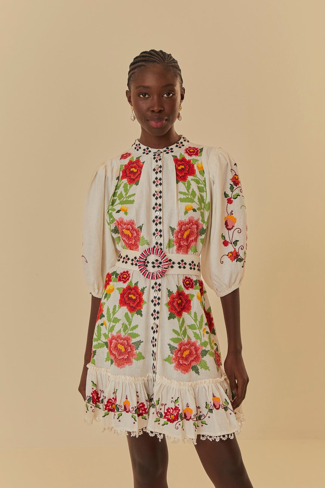 Embroidered Carmina Floral Off-White Short Sleeve