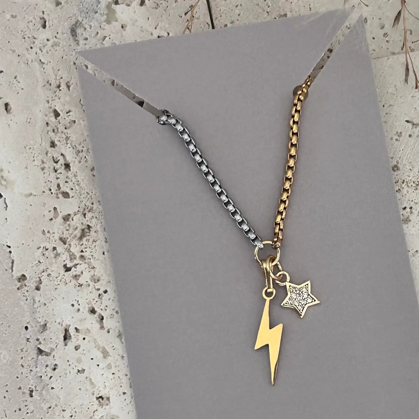 Thunder and Star Charm | Pendant Necklace Two Tone Silver Gold