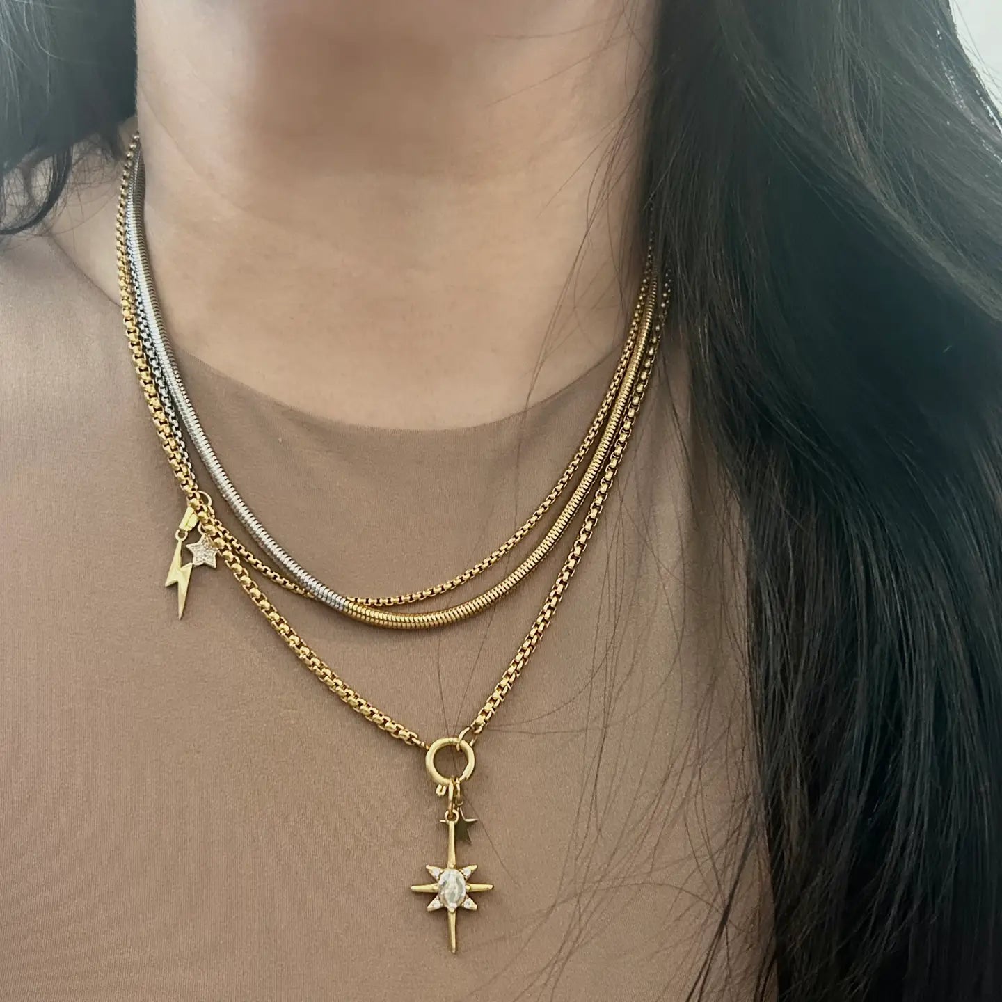Thunder and Star Charm | Pendant Necklace Two Tone Silver Gold