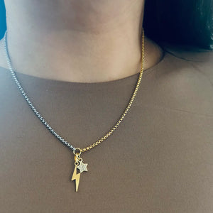Thunder and Star Charm | Pendant Necklace Two Tone Silver Gold