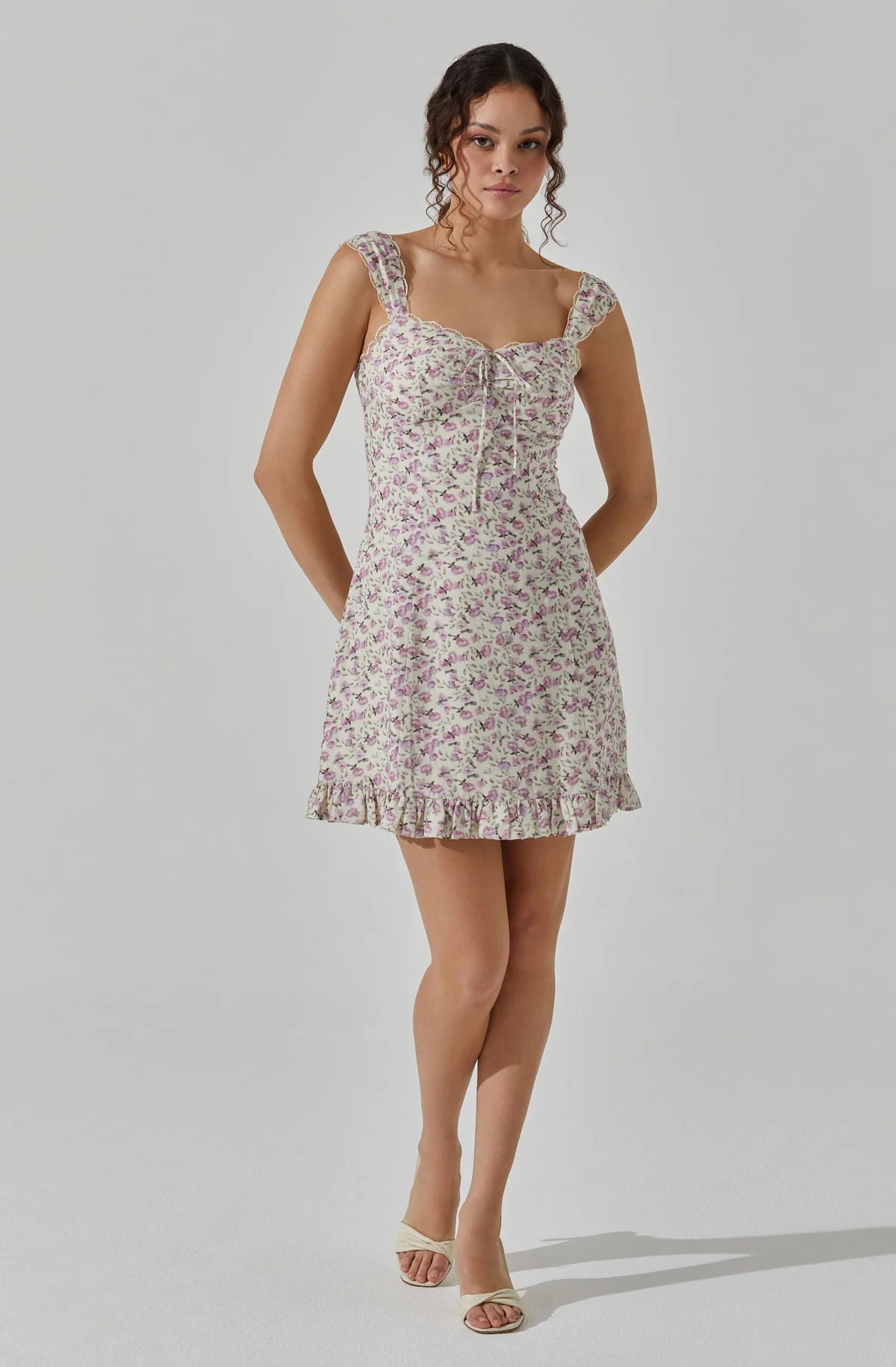 Lace Trimmed Linen Mini Dress | Ivory Purple Ditsy