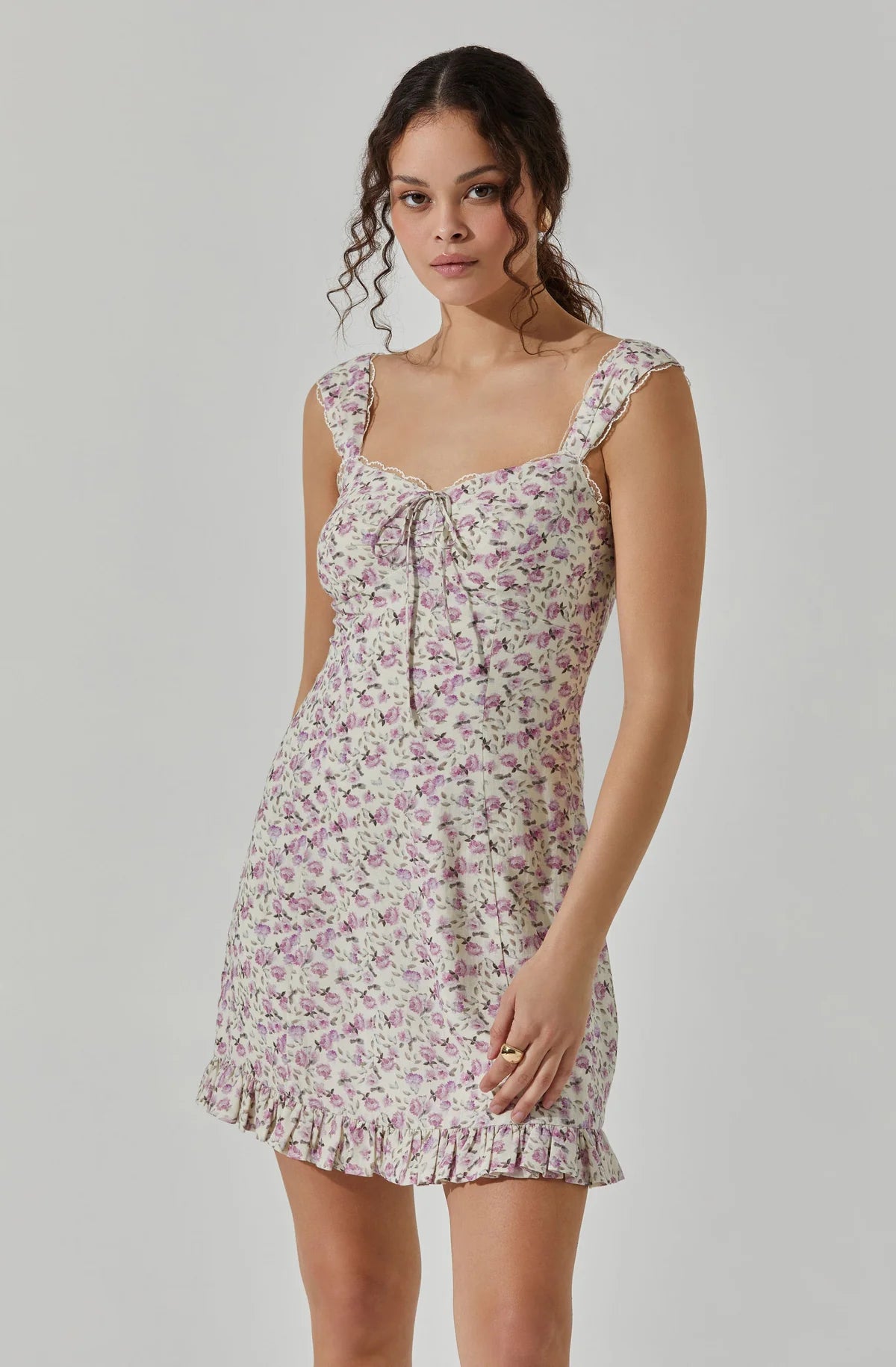 Lace Trimmed Linen Mini Dress | Ivory Purple Ditsy