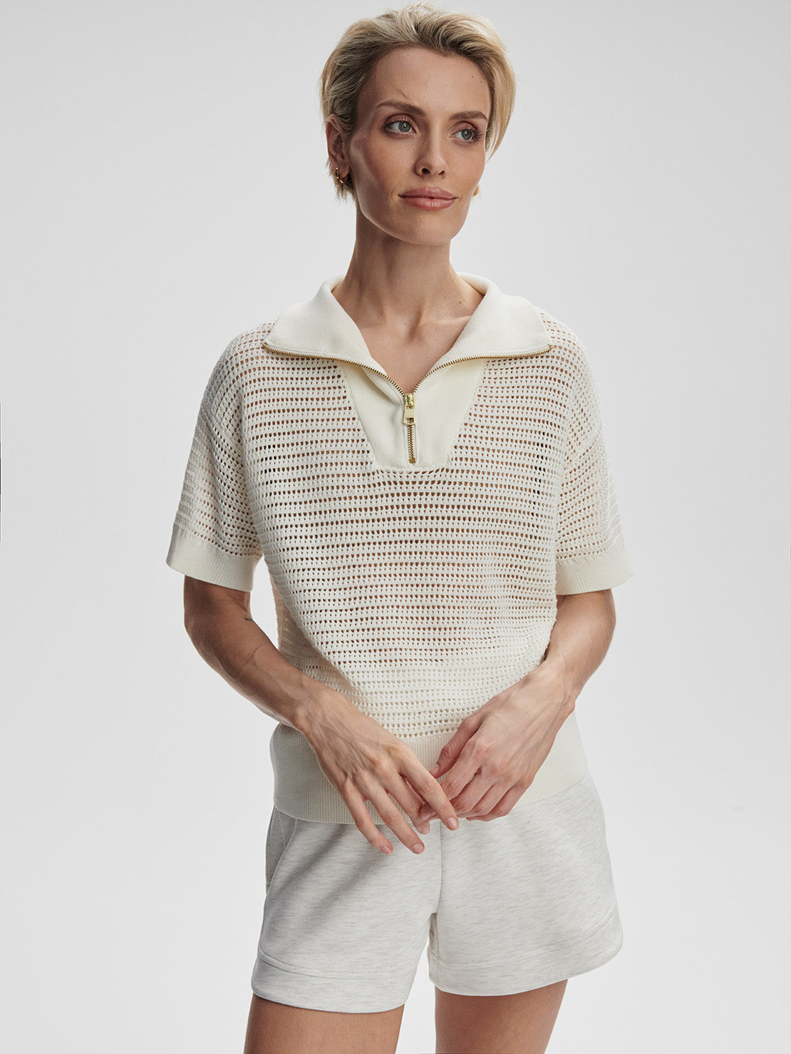 Nali Half Zip Knit Top | Egret