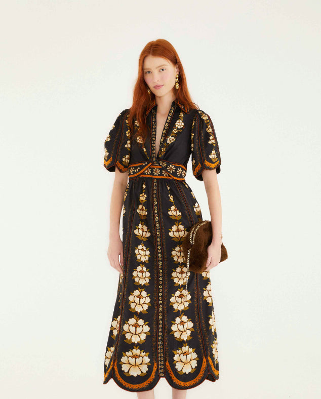 Embroidered Flowers Black Midi Dress