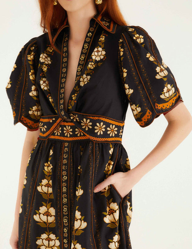 Embroidered Flowers Black Midi Dress