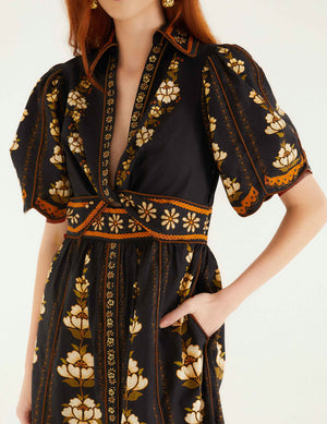 Embroidered Flowers Black Midi Dress