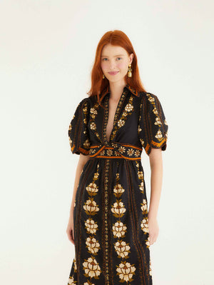 Embroidered Flowers Black Midi Dress