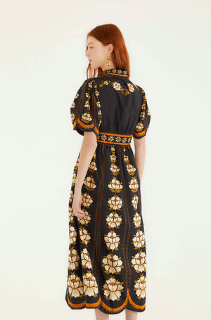 Embroidered Flowers Black Midi Dress