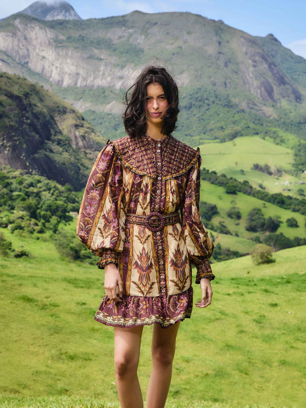 Embroidered Tapestry Sand Long Sleeve Mini