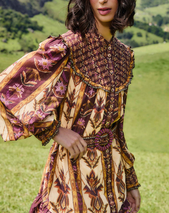 Embroidered Tapestry Sand Long Sleeve Mini