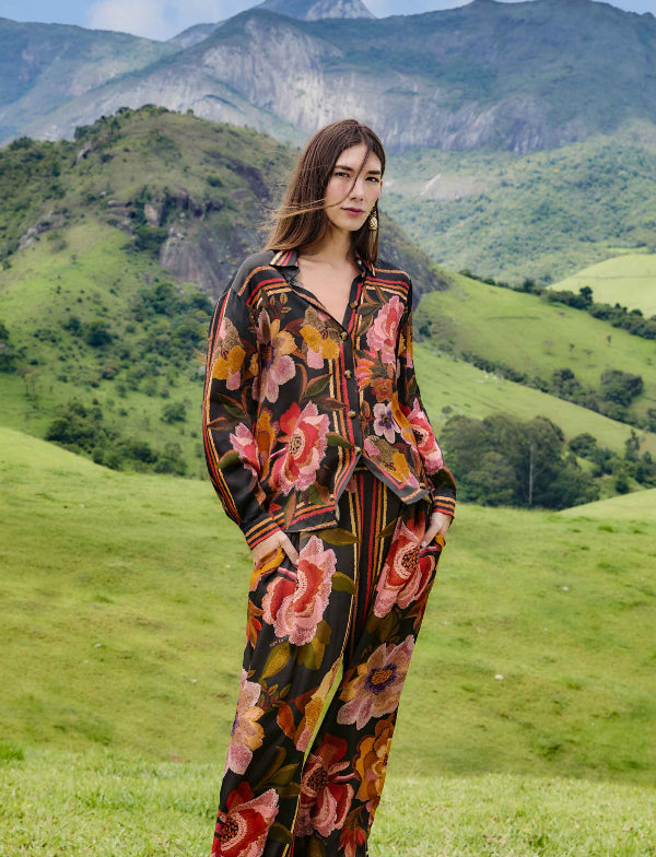 Chenille Flowers Black Shirt