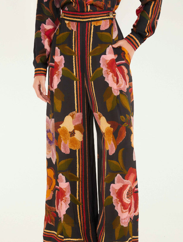 Chenille Flowers Black Pants