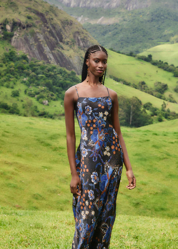 Snakes Bouquet Black Slip Maxi Dress