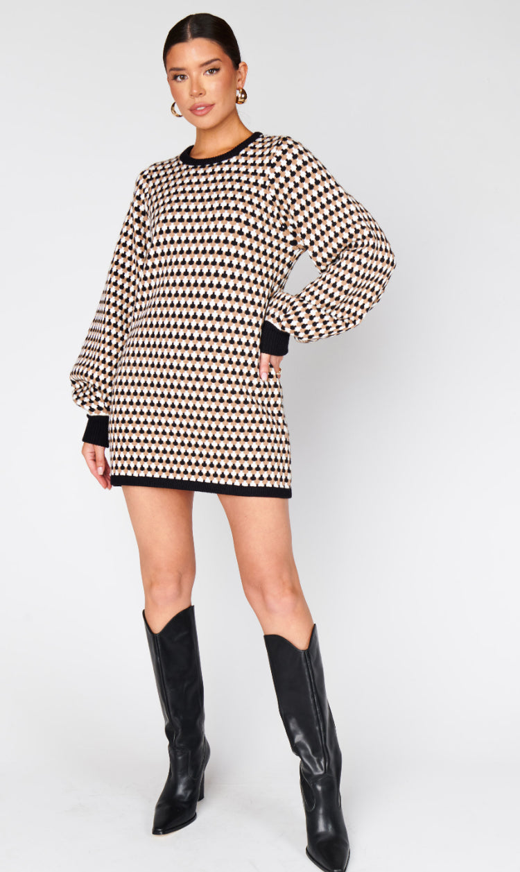 Marion Sweater Dress | Black Geo Knit