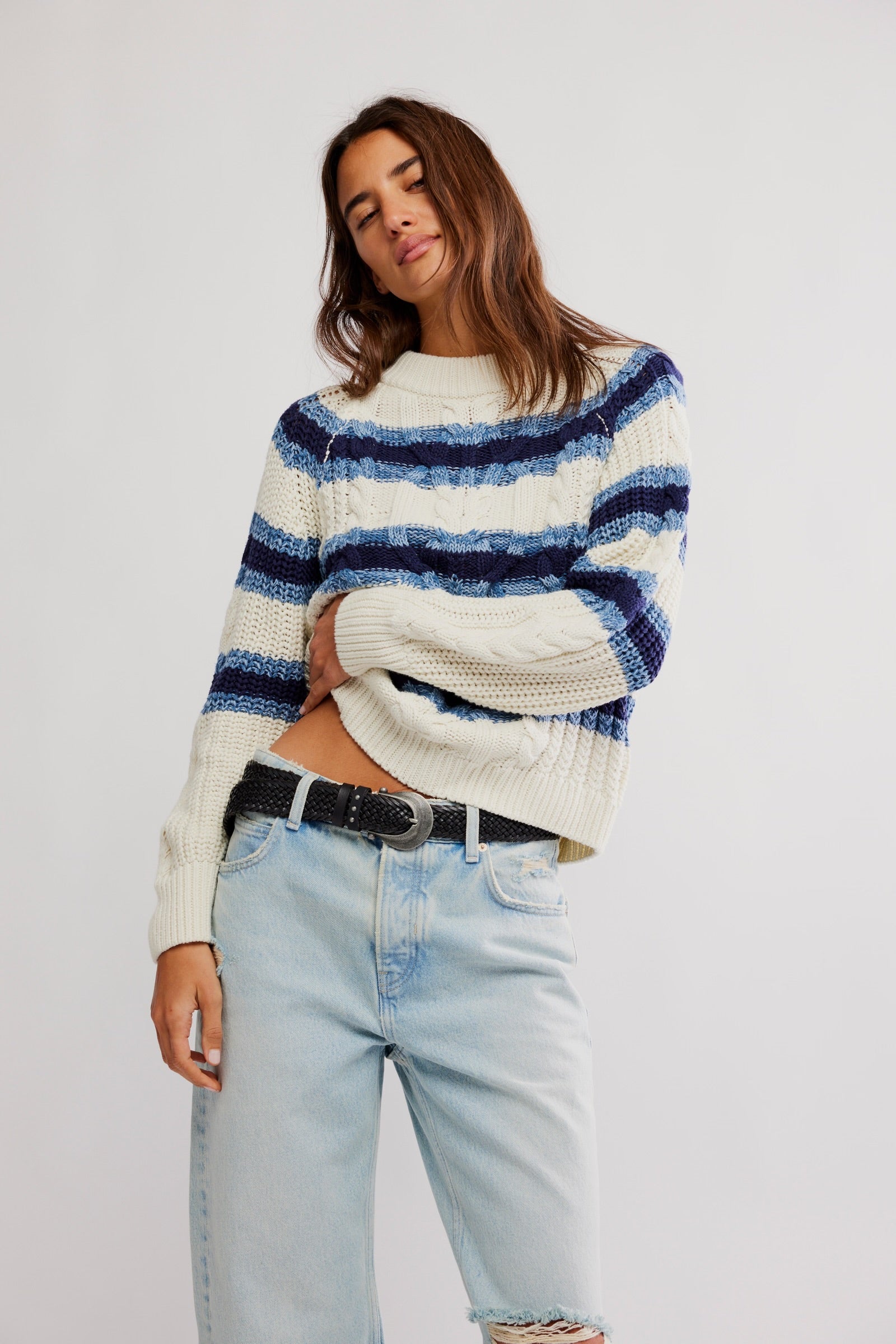 Frankie Cable Striped Pullover | Ivory Combo