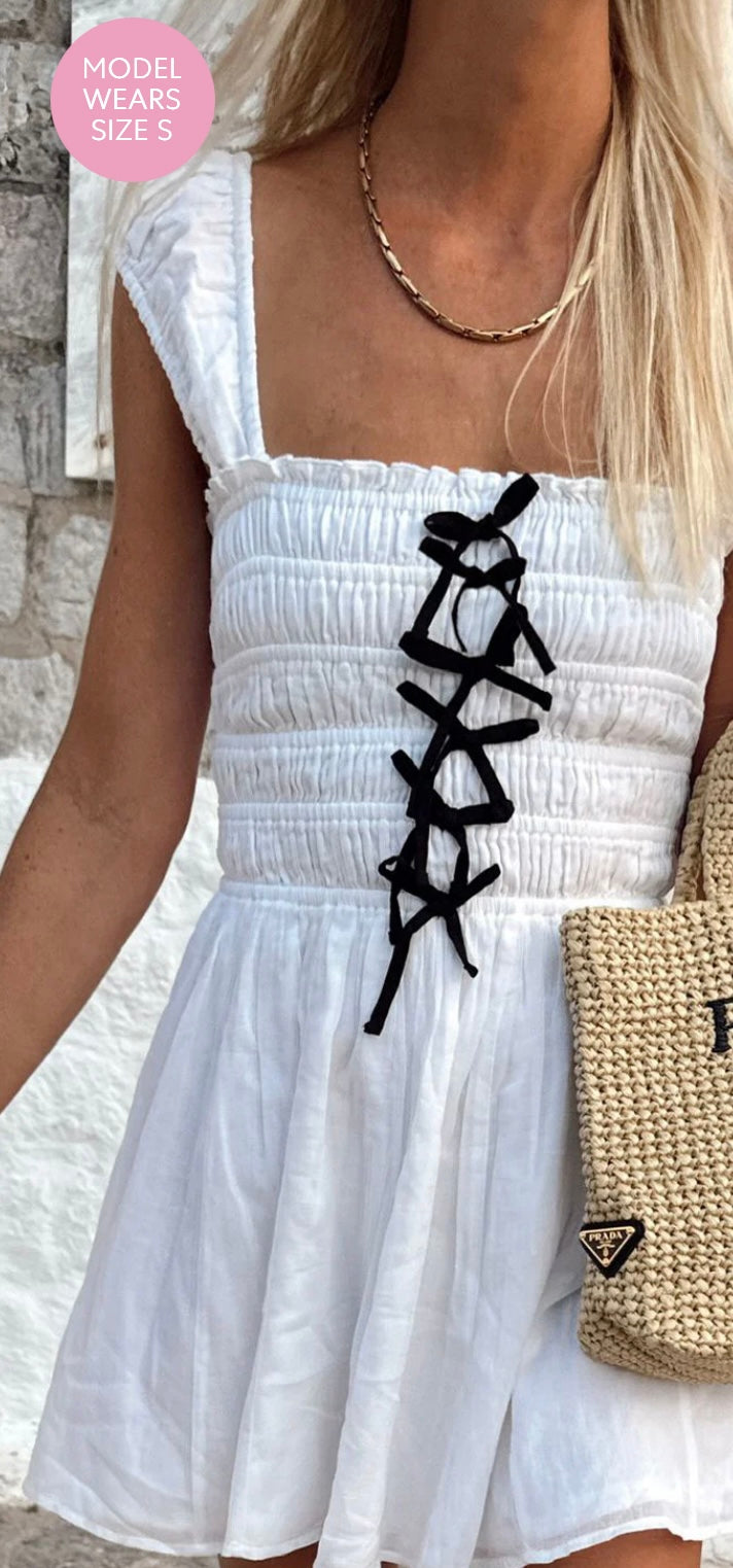 Mabel Mini Dress | White Voile & Black Bows