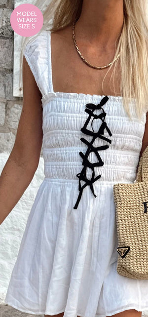 Mabel Mini Dress | White Voile & Black Bows