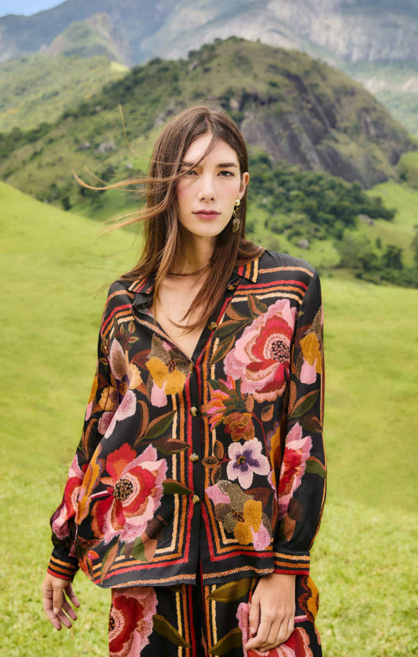 Chenille Flowers Black Shirt