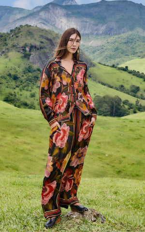 Chenille Flowers Black Pants