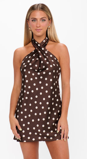 Jasmine Tie Mini Dress | Chocolate Brown Polka Dot
