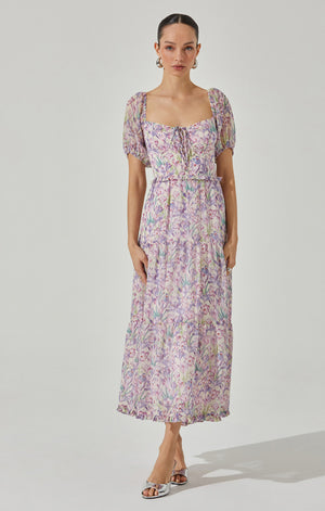 Bustier Puff Sleeve Midi Dress | Lilac Cream Floral