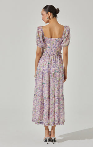Bustier Puff Sleeve Midi Dress | Lilac Cream Floral